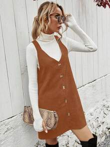 EMERY ROSE Women's Casual Brown Corduroy Button Front Autumn Dress - Rust Brown - View 5