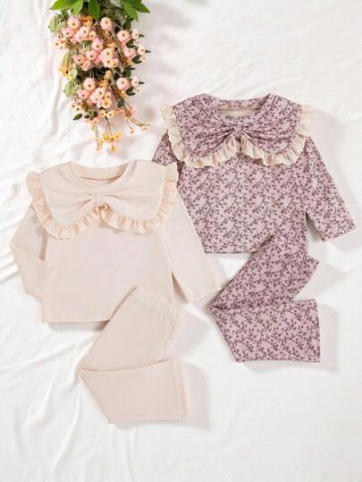 SHEIN Vintaside Kids 2 件装女婴复古碎花荷叶边蝴蝶结领上衣和喇叭裤套装，可爱甜美时尚春秋装