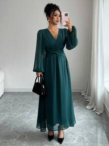 Elenzga Váy xếp ly voan cổ điển thanh lịch dành cho nữ, xếp ly chéo, eo xoắn, dáng chữ A, tay bồng, thích hợp cho tiệc trà chiều, tiệc tùng, phong cách đường phố vào mùa xuân, thu đông - Màu xanh lá cây đậm - Xem 7