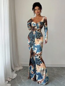 Rafferiza 优雅合身豹纹鱼尾连衣裙，正面扭纹细节，长袖 - 彩色 - 查看 5