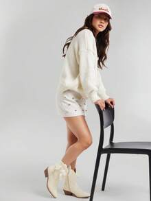 Solezae Women Comfortable Almond Toe Block Heel Western Boots With Ribbon Bowknot - Beige - View 4