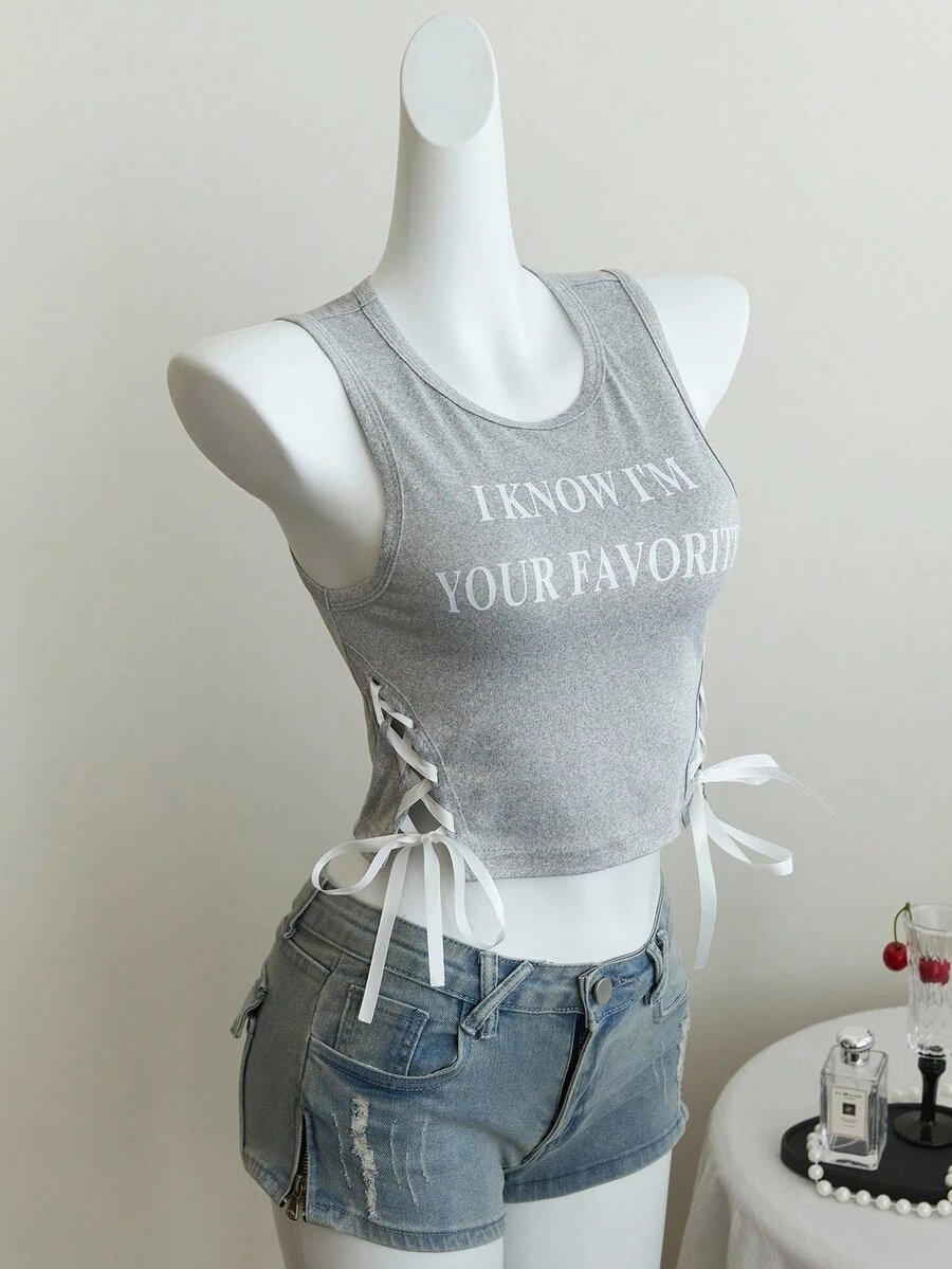 Elamini Women's Slogan Graphic Lace-Up Side Crop Tank Top I KNOW I'M YOUR FAVORITE Graphic Tees Women Tops - Light Grey - View 1