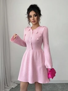 Elenzga Women's New Round Neck Handmade 3D Floral Design Soft & Sweet Knit Sweater Dress, Fashionable & Elegant For Dating, Autumn/Winter Fall Cloth For Women