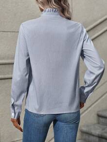 EMERY ROSE Women's Ruffle Collar Long Sleeve Striped Single-Breasted Elegant Shirt