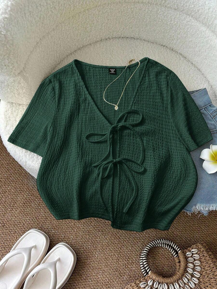 SHEIN LUNE 大码女式纯色前系带短袖休闲上衣 - 墨綠色 - 查看 1