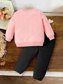 SHEIN 2 件套女婴服装，乡村可爱豹纹蝴蝶结装饰印花羊毛圆领长袖运动衫和豹纹蝴蝶结装饰羊毛裤，适合秋冬季外出 - 彩色 - 查看 2