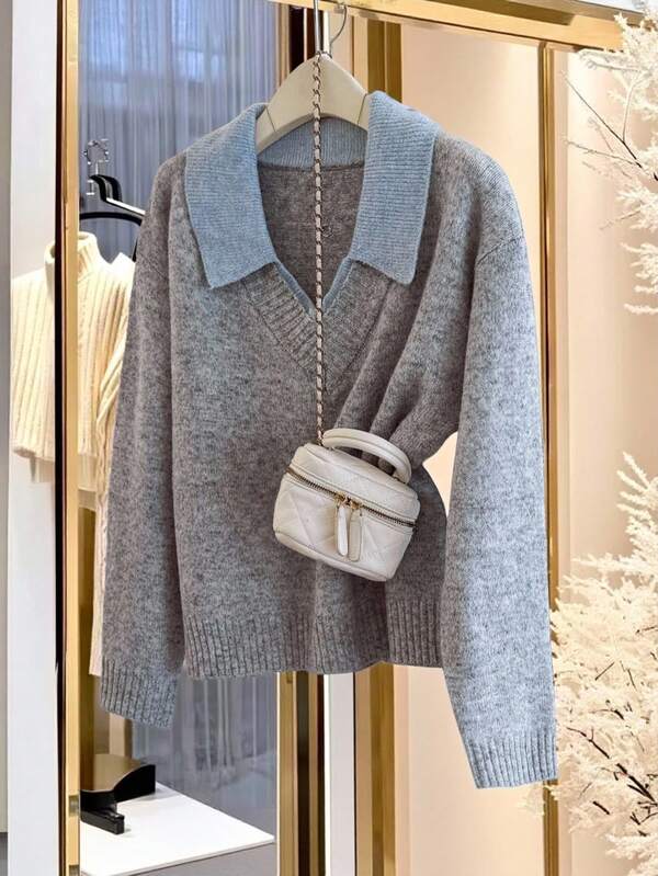 Franclia V-Ausschnitt 2-in-1 Langarm Pullover, Herbst/Winter