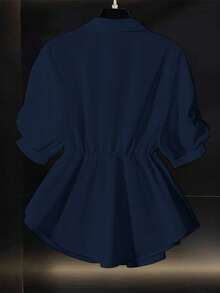 Franclia Women's Solid Color Pleated Polo Collar Short Sleeve Cinched Waist Scarf Versatile White Blouse, Summer