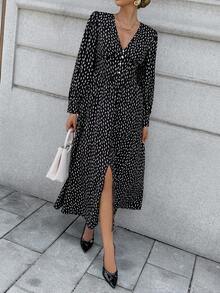 Chiquease 女式V领纽扣设计全印花长袖优雅连衣裙 - 黑與白 - 查看 7