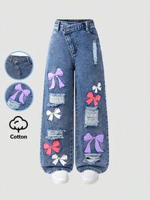 Denimly Tween 女童休闲日常都市街头学院风浅色水洗蝴蝶印花设计腰部松紧腰拉链门襟阔腿破洞牛仔裤 - 深色水洗藍 - 查看 3