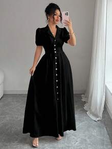 Elenzga Vestido camisa de manga abullonada, cuello de solapa, abotonadura sencilla, unicolor, talla grande para mujer de verano - Negro - Ver 6