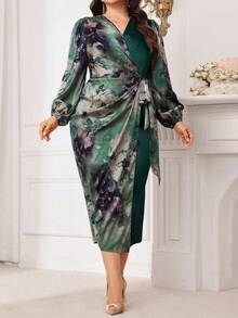 Modelyn Plus Size Damklänning med Blommigt Tryck och Sidoknut, Lanternärm - Multifärgad - Visa 4