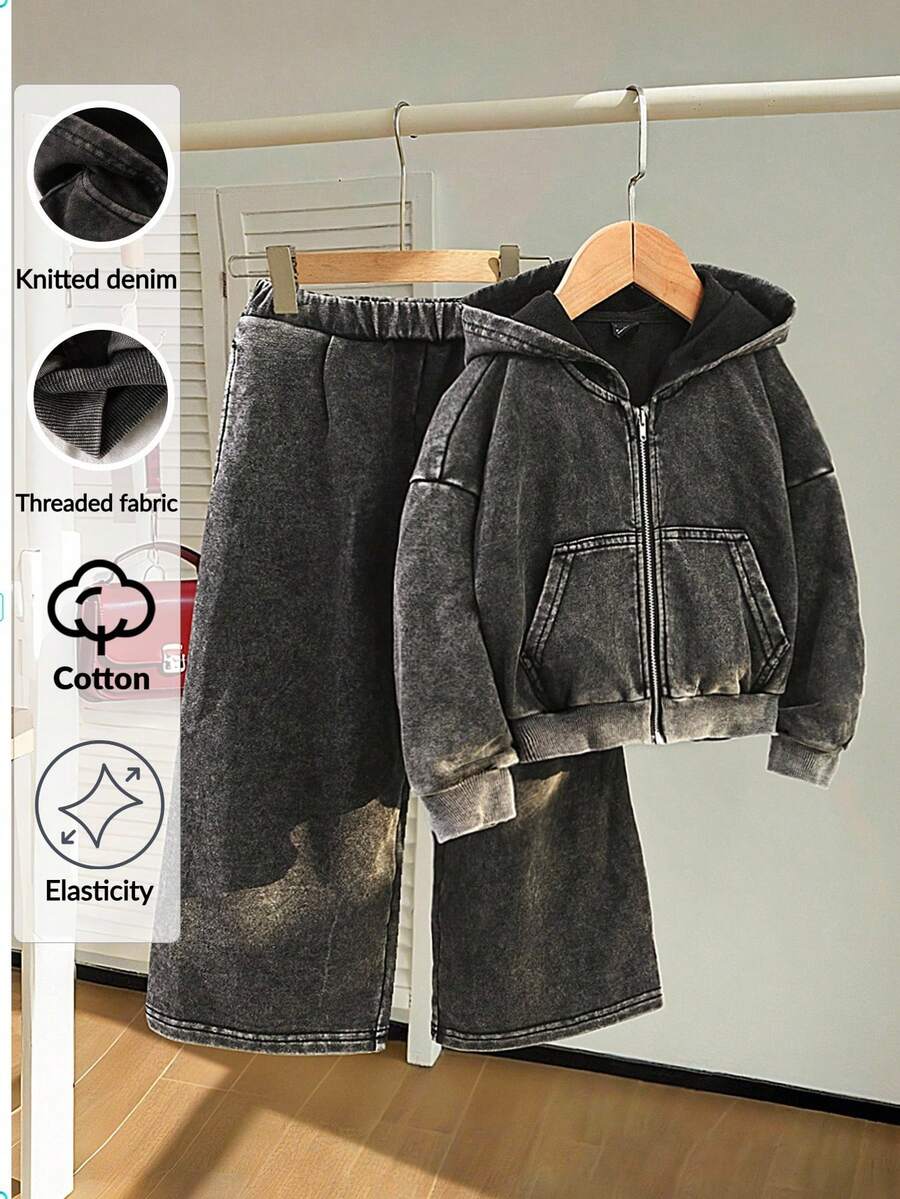 SHEIN Playful Pals Girls Casual Loose Hooded Short Denim Jacket, Soft & Comfortable Straight Leg Denim Pants Set, Versatile & Fashionable For Daily Wear Fall Winter - Black - View 1
