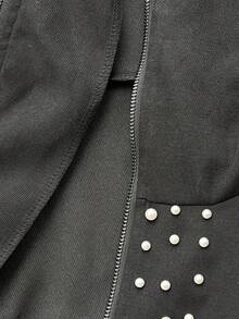 Elenzga Chaqueta vintage negra con mangas abullonadas para mujer de talla grande, con decoración de perlas en el bajo, cuello redondo y cremallera