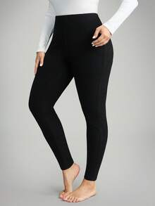 Comfylo Plus Size Women's Thermal Lined Long Leggings Work/Office Gym Fall Work/Office Gym Autumn High Stretch Ribbed Leggings Fall/Winter Chic Winter Thermal Lined Leggings - Dark Green - View 10