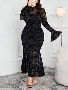 Modelyn Váy dài tay họa tiết hoa lưới ôm sát thanh lịch đuôi cá cỡ lớn cho nữ - màu đen - Xem 3
