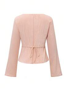 Chiquease Bluzka retro ChicEase z falbanką z przodu i długim rękawem, kołnierzem w kształcie kwadratu, swobodnymi strojami, wiosennymi ubraniami na studia - Różowy - Zobacz 9