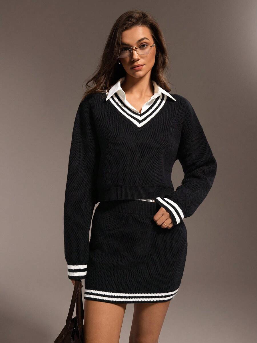 Hanevo Set de 2 suéteres holgados de punto casual para mujer, versátil para otoño/invierno - Negro - Ver 1
