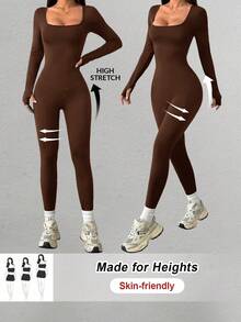 SHEIN PETITE Black Knitted Square Neck Tight Casual Sports Yoga Jumpsuit,Fall - Brown - View 6