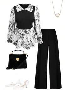 SHEIN LUNE CURVE 女式加大码花卉印花拼布长袖衬衫 - 黑色 - 查看 1