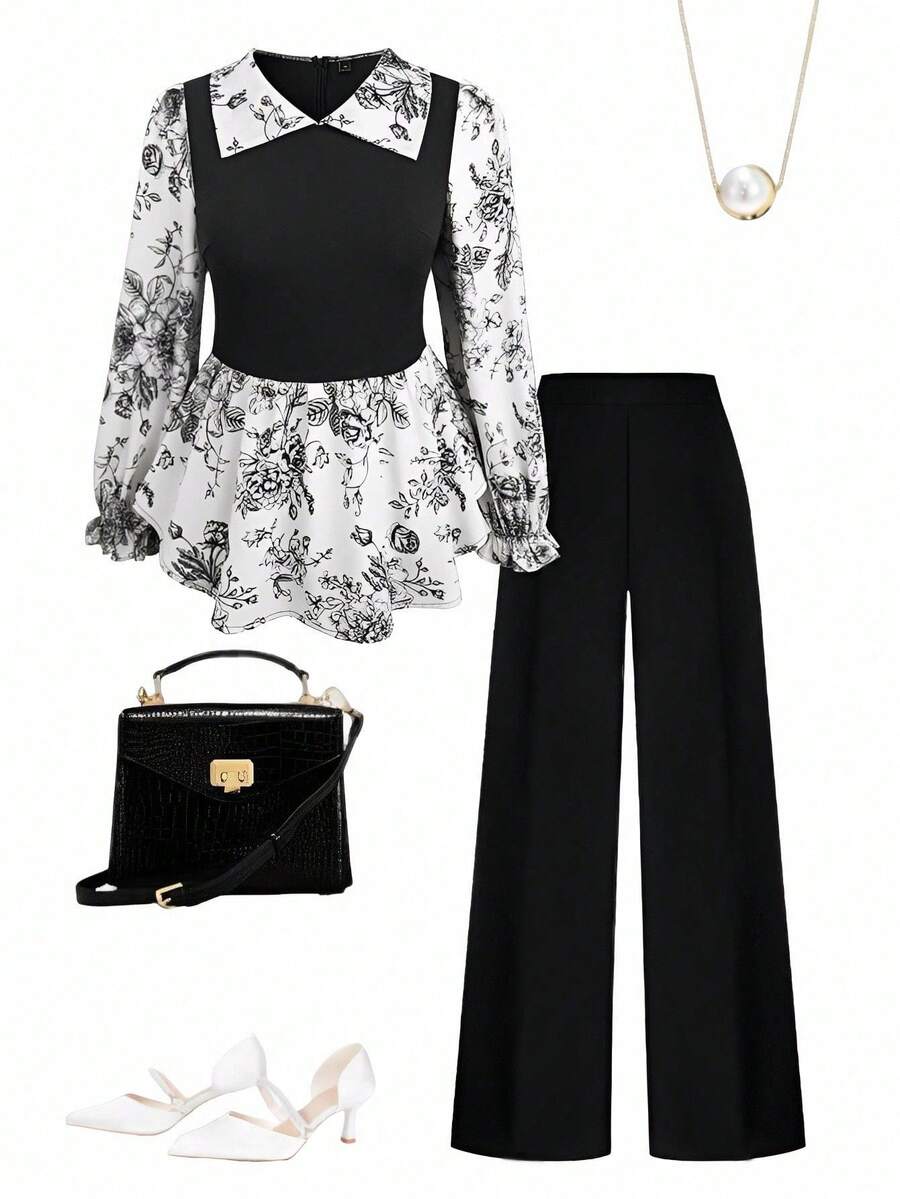 SHEIN LUNE CURVE 女式加大码花卉印花拼布长袖衬衫 - 黑色 - 查看 1