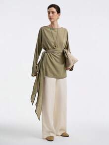 Aalyst Women's Linen Twill Street Style Vacation Office Commute Casual Off-Shoulder Loose A-Line Waist Tie Long Shirt Blouse, Spring/Autumn/Winter