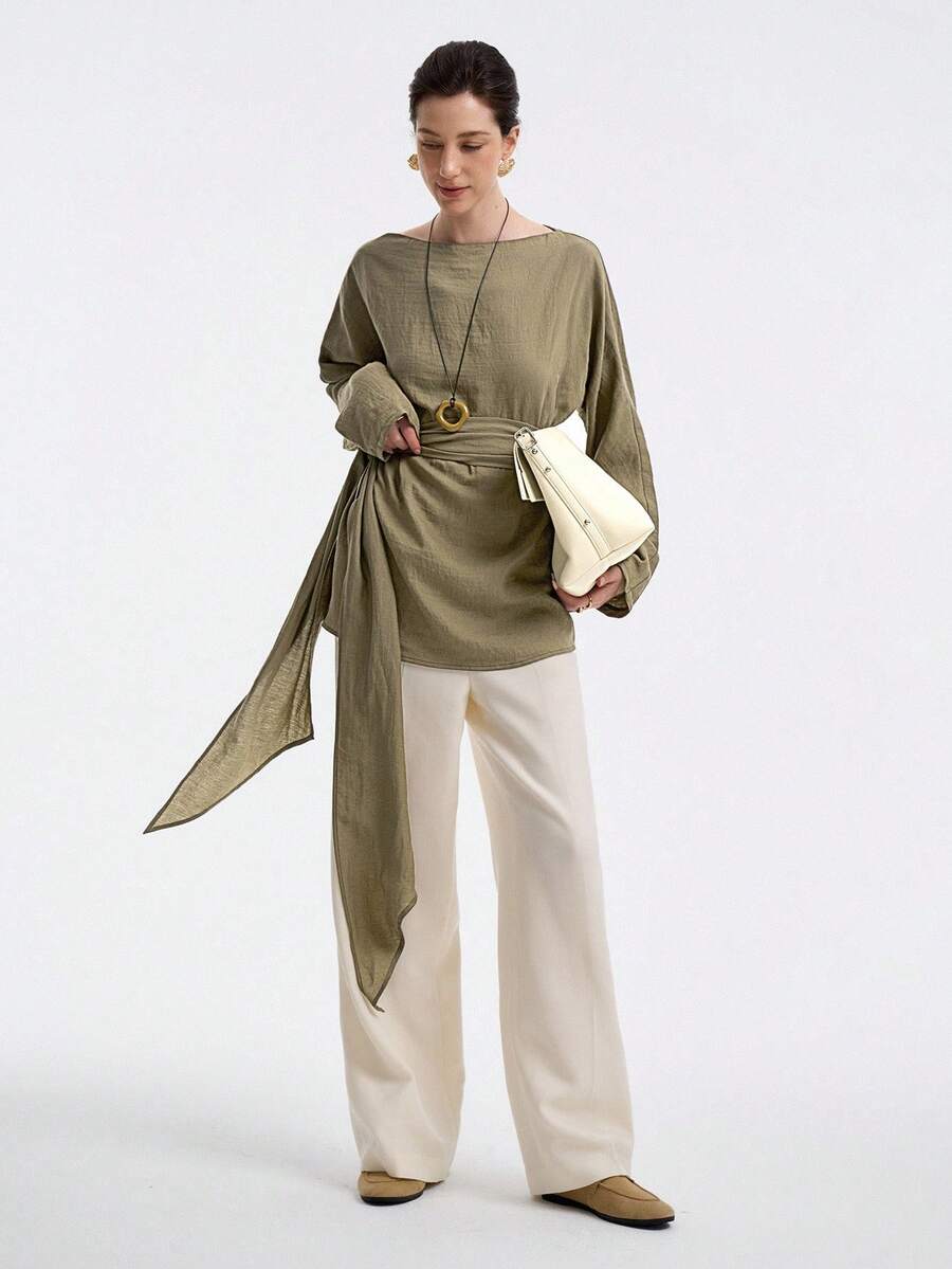 Aalyst Women's Linen Twill Street Style Vacation Office Commute Casual Off-Shoulder Loose A-Line Waist Tie Long Shirt Blouse, Spring/Autumn/Winter