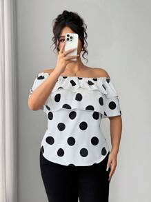 Elenzga Plus Size Women's Classic Polka Dot Top Print Layered Ruffle Off-Shoulder Blouse - White - View 6
