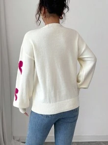 Elenzga Áo len chui đầu dệt kim thiết kế nơ jacquard ngọc trai thanh lịch dễ thương dành cho nữ mới - Màu be - Xem 2