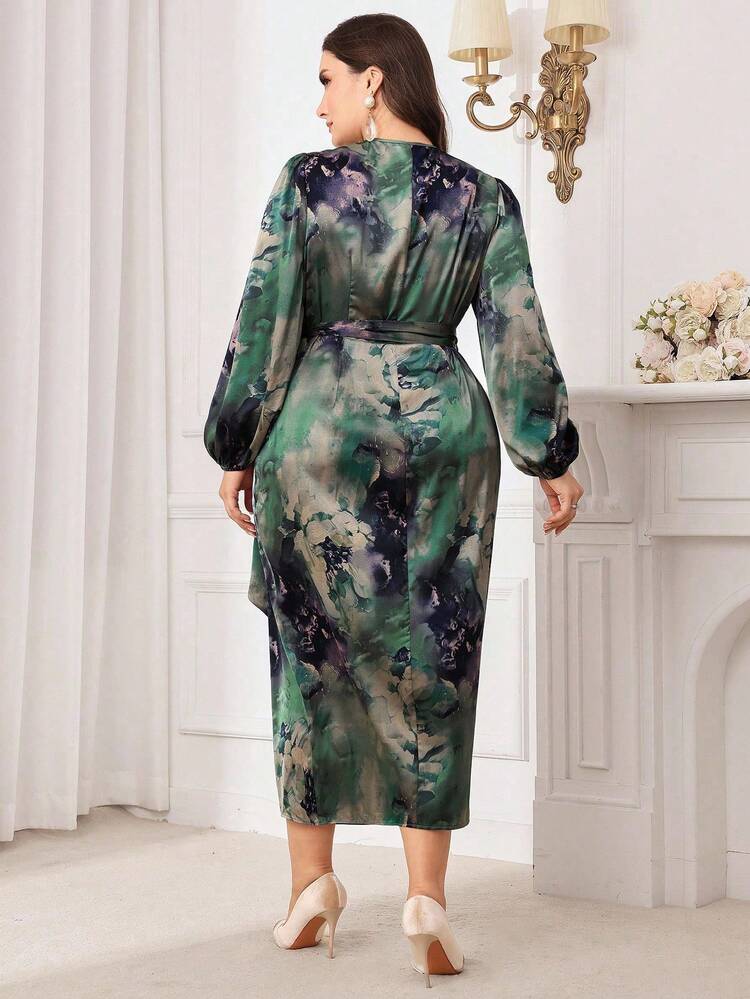 Modelyn Sukienka damska w dużym rozmiarze z kwiatowym nadrukiem i wiązaniem z boku, z rękawami typu latarnia, elegancka - Wielokolorowe - Zobacz 2