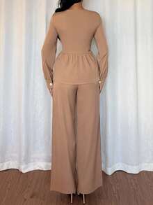 Islaluna Ensemble 2 pièces femme, Top à volants à simple boutonnage de couleur unie et pantalon large, élégant, automne