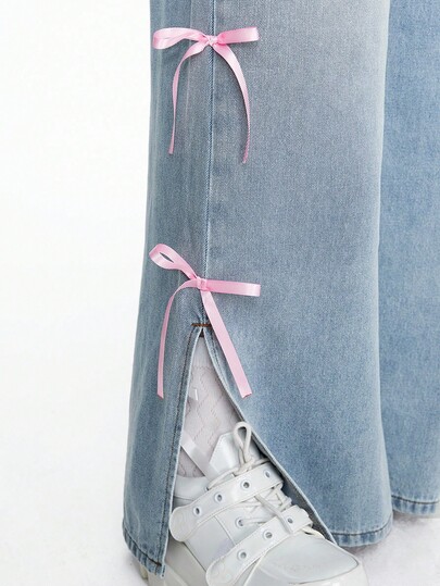 Kawaii Vintage Y2K Light Blue Bow Embroidered Flared Leg Wide Leg Loose Pants For Women