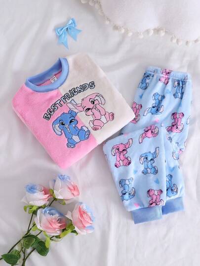2pcs/Set Young Girl' Cute Cartoon Rabbit Pattern Long Sleeve Top And Pants Soft Comfortable Casual Pajamas,Plush Home Clothes Fall Winter