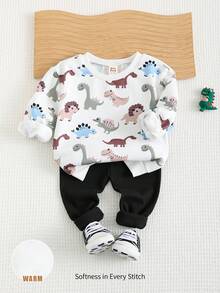Cozy Pixies 2 件套男婴卡通恐龙印花圆领长袖连帽衫和纯色喇叭裤套装 - 彩色 - 查看 1