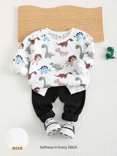 Cozy Pixies 2 件套男婴卡通恐龙印花圆领长袖连帽衫和纯色喇叭裤套装