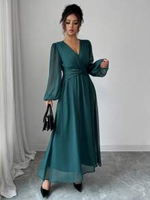 Elenzga Váy xếp ly voan cổ điển thanh lịch dành cho nữ, xếp ly chéo, eo xoắn, dáng chữ A, tay bồng, thích hợp cho tiệc trà chiều, tiệc tùng, phong cách đường phố vào mùa xuân, thu đông - Màu xanh lá cây đậm - Xem 5