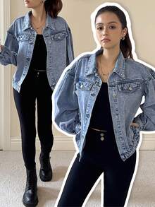 Vintage Washed Denim Blue Single-Breasted Loose BF Style Pleated Puff Sleeve Denim Jacket For Teen Girls, Fashionable & Versatile, Soft & Comfortable Fabric, Suitable For Spring, Autumn, Winter Daily Wear, Commuting, Travel - Medium Wash - View 1
