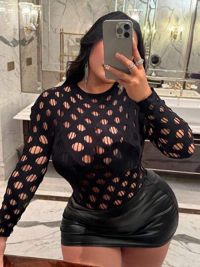 NU&NOW 加大码性感镂空修身弹力针织长袖上衣