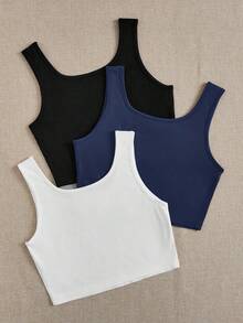SHEIN EZwear 3pcs/Set Casual Minimalist Black & White Solid Color Versatile Fit Camisole And Tank Top, Suitable For Summer & Autumn, Plus Size - Multicolor - View 2
