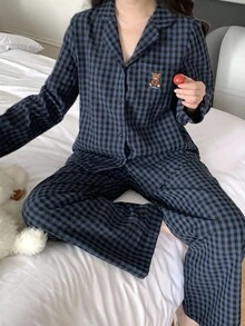2pcs Teen Girl Cute Navy Blue Winter Family Matching Pajama Set Korean Style Bear Decor Lapel Button Up Patches Checkered Fall Sleepwear Girl - Navy Blue - View 3