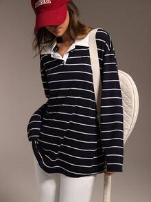 Hanevo 女式条纹长袖 T 恤，有领，撞色休闲通勤街头风格，适合秋冬季、分层穿着和户外穿着 - 藏蓝色 - 查看 3