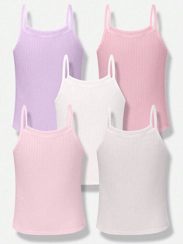 5pcs Tween Girls Minimalist Solid Color Macaroon Series Comfortable Cami Tops Underwear Set