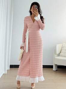 Chiquease French Palace Style Lace Crochet Dress,Pink And White,Autumn,Elegant,Wedding Ninang,V-Neck Tie Waist Slim Fit Long Party Wedding Guest Dresses Women - Dusty Pink - View 4
