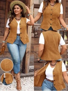 EMERY ROSE Plus Size Women Solid Color Single-Breasted Corduroy Vest Coat, Autumn, Fall For Women, Western Wear Women, Autumn Winter - Khaki - View 1