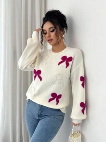 Elenzga Áo len chui đầu dệt kim thiết kế nơ jacquard ngọc trai thanh lịch dễ thương dành cho nữ mới - Màu be - Xem 5