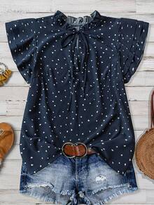Linhara Áo cánh hoa nhỏ xinh xắn buộc vạt phía trước cho nữ cỡ lớn - Màu xanh hải quân - Xem 1