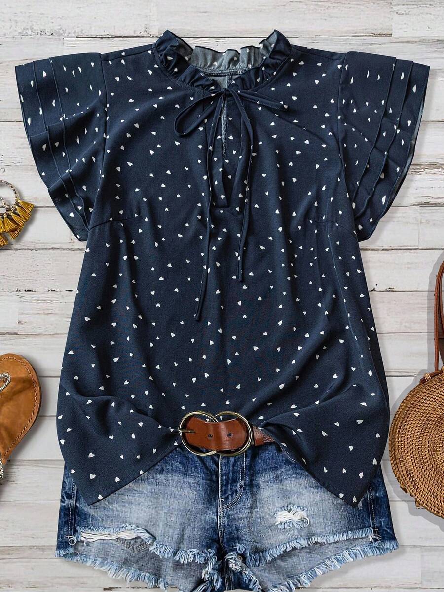Linhara Áo cánh hoa nhỏ xinh xắn buộc vạt phía trước cho nữ cỡ lớn - Màu xanh hải quân - Xem 1