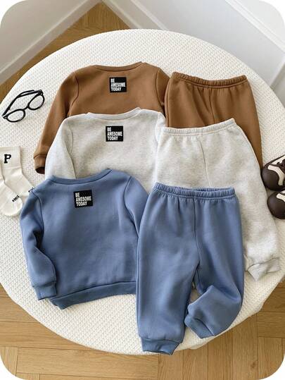 SHEIN 6 件套男婴和女婴休闲纯色可爱百搭长袖连帽衫和慢跑裤运动服套装，百搭多件套服装，男女通用婴儿服装，婴儿冬装