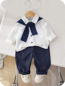 SHEIN Conjunto de 3 peças para bebê menino/menina, camisa branca básica, calças com cós elástico, roupa xale azul, adequado para festa de aniversário, festa de Natal, festa noturna, apresentação, casamento, celebração do mês, batizado e aniversário de um ano - Multicolorido - Ver 1