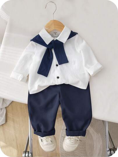 SHEIN 3 件套男婴/女婴基本款白衬衫、松紧腰裤、蓝色披肩套装，适合生日派对、圣诞派对、晚会、表演、婚礼、月庆、洗礼和一周年纪念日